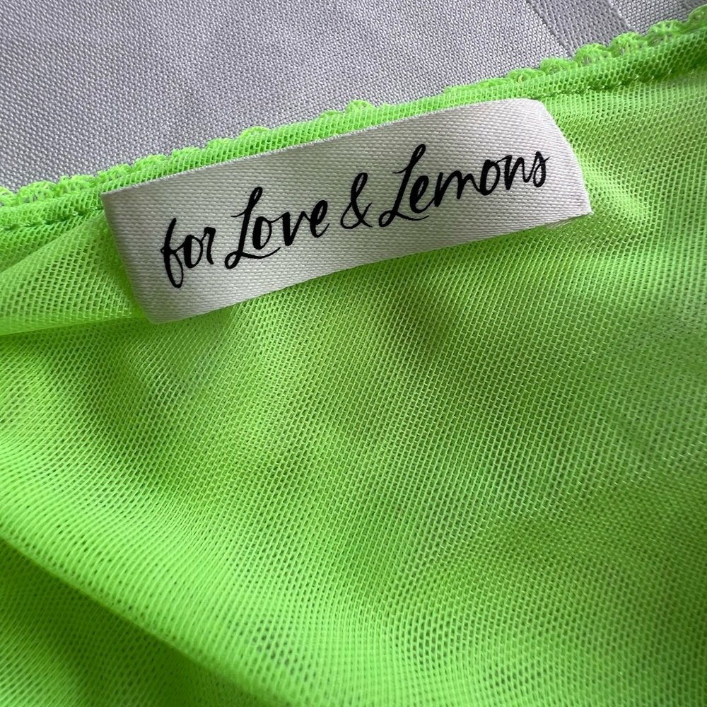 For Love & Lemons Sheer Mesh Puff Sleeve Crop Zipper Back Ties Bright Neon Lime - Picture 7 of 9